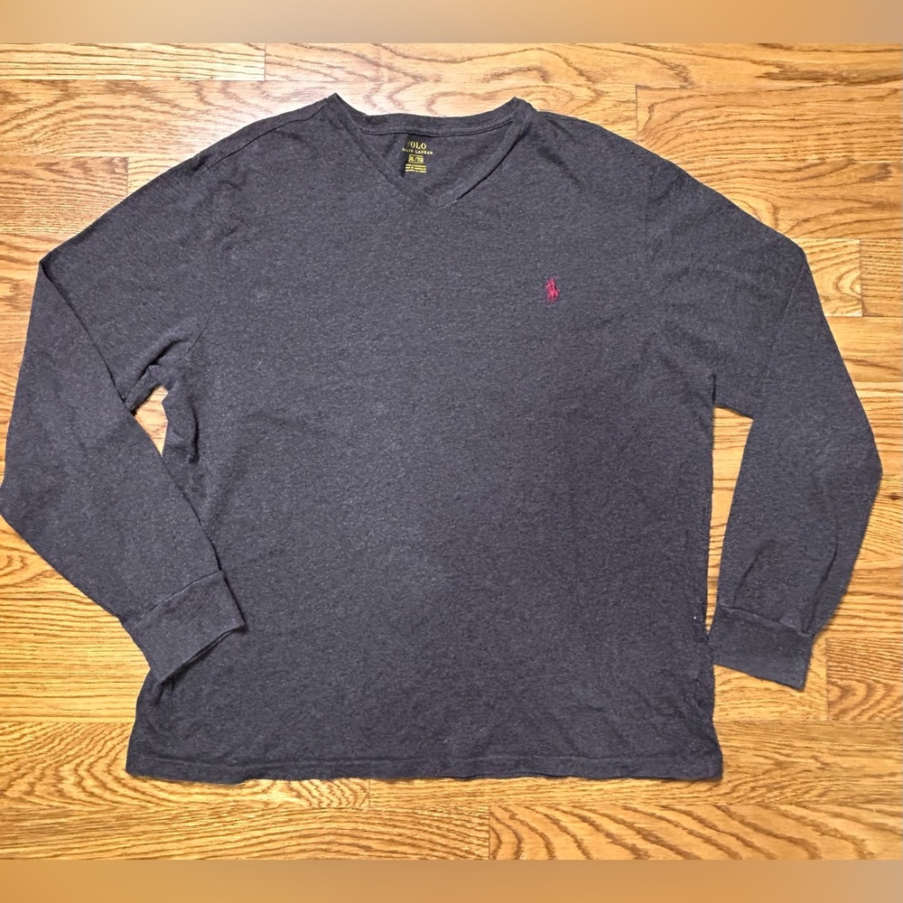 Polo Ralph‎ Lauren Charcoal Gray Long Sleeve V-Neck Shirt Men’s XL Red Pony Logo - Picture 2 of 7